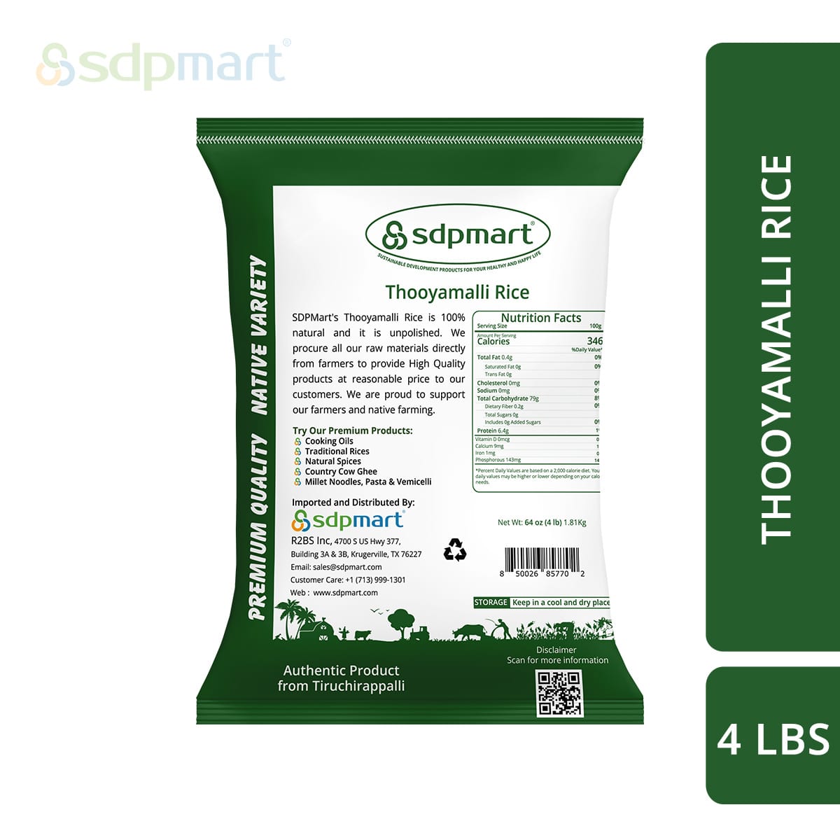 SDPMart's Premium Thooyamalli Rice (Handpound Brown color)- 4lbs